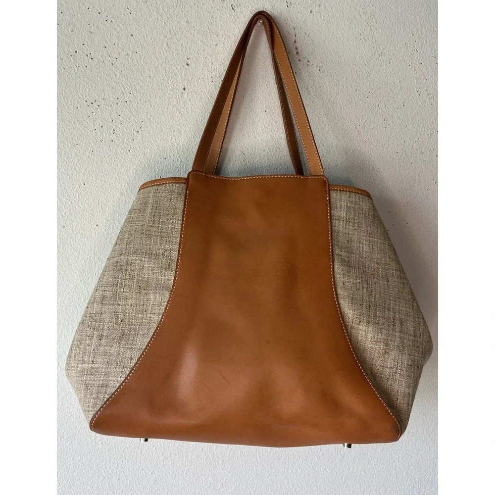 J. McLaughlin Tan Leather and Beige Canvas Hobo Bag